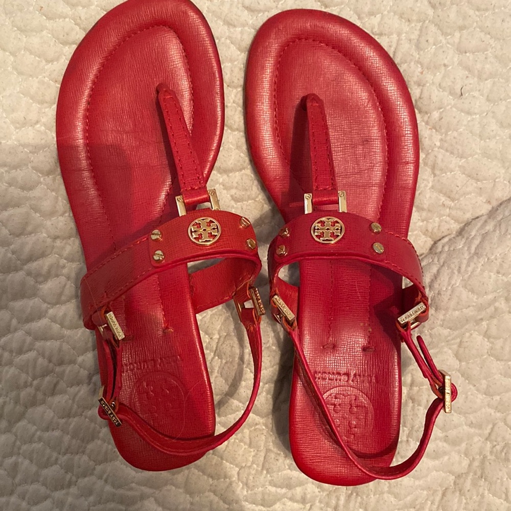 Tory Burch leather sandals. red. Worn once. Great Condition. Size 8